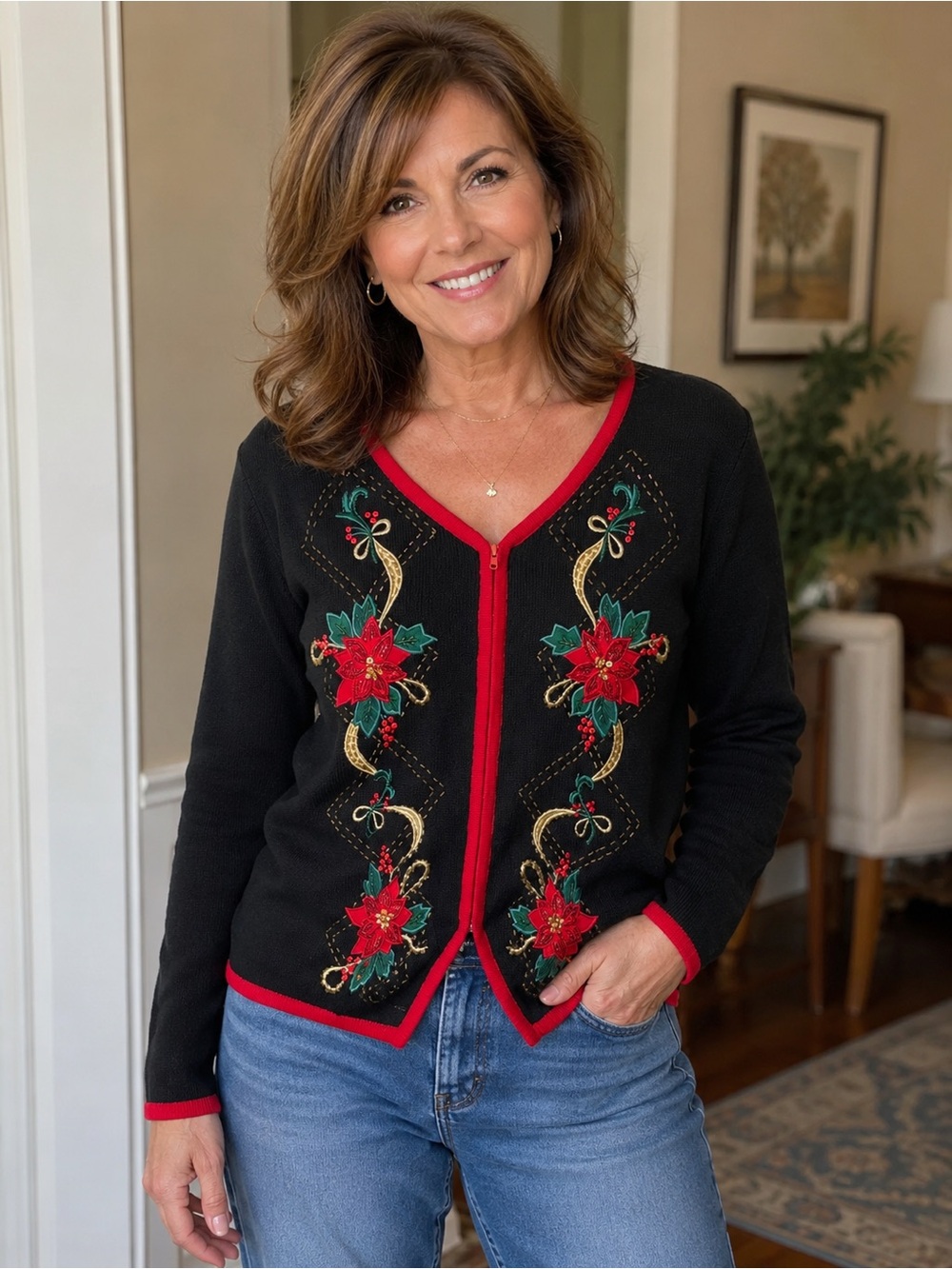 Vintage Tiara InternationalChristmas Collection Black Poinsettia Sweater Holiday